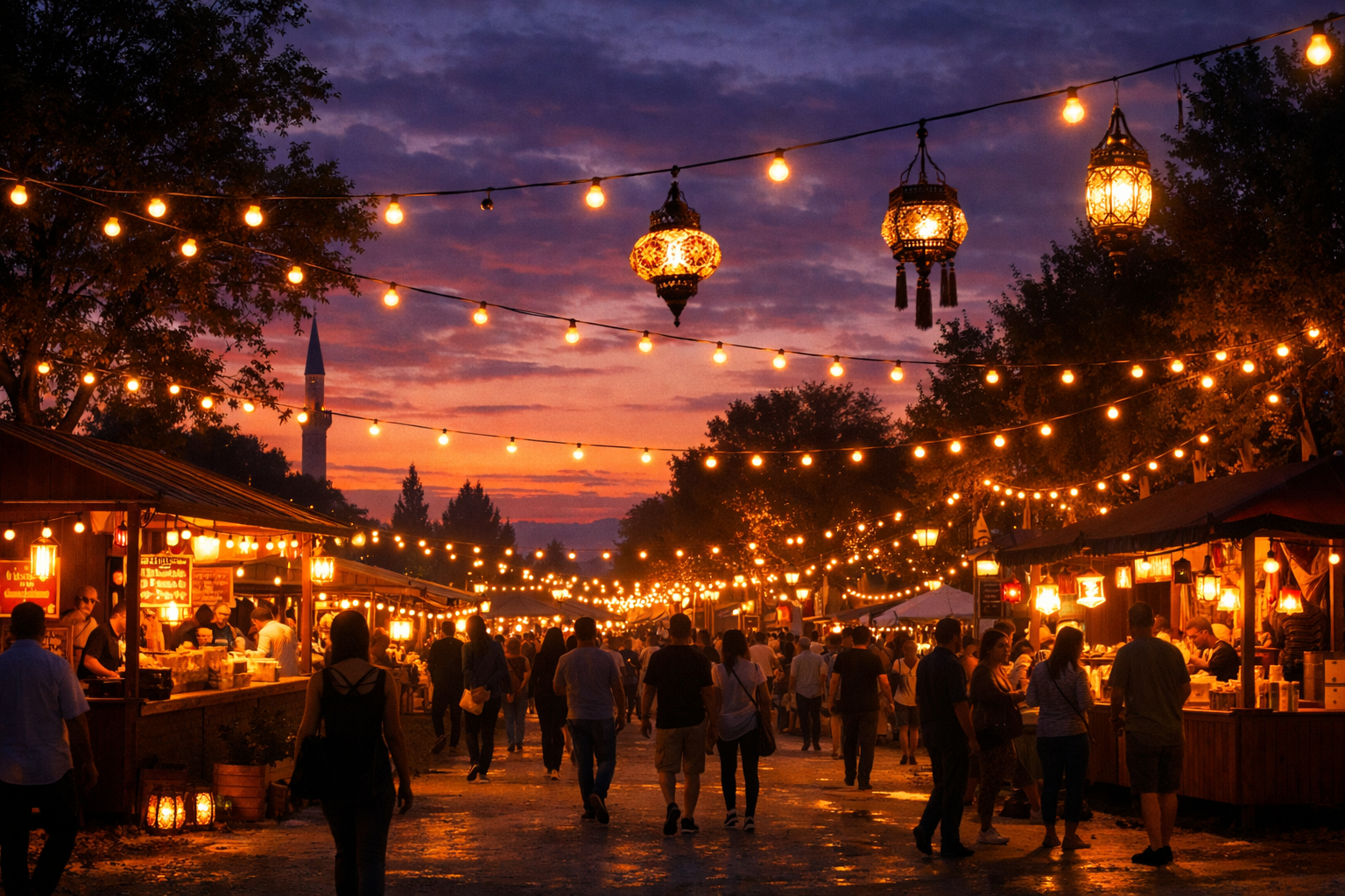 Gun batimi sonrasi sicak tonlu isiklandirma ile aydinlatilmis etkinlik alani