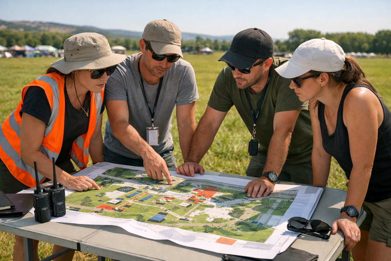 Acik hava etkinlik organizasyon ekibi saha calismasinda