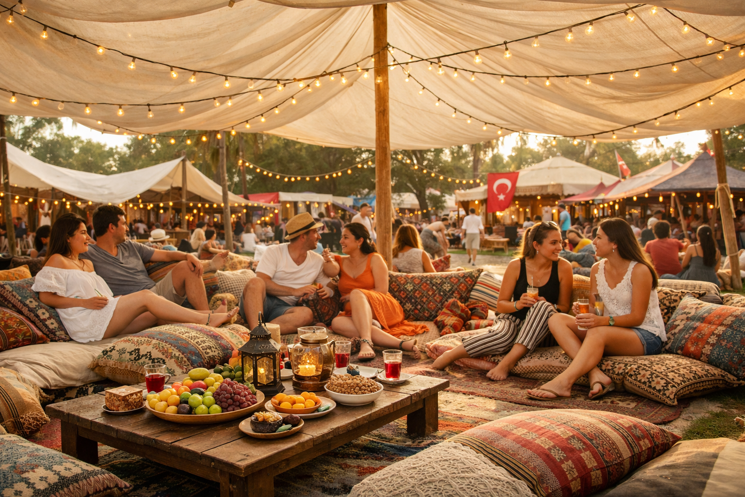 Acik hava etkinliginde konuklarin dinlendigi konfor alani